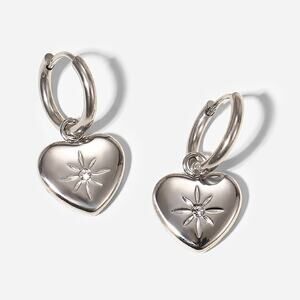 Heart Eight Pointed‎ Zircon Star Hoop Earrings Silver Stainless Steel